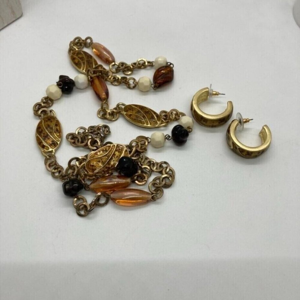 Vintage Set 18" Necklace Pierced Hoop Earring‎ Enamel Gold Tone Glass Beads